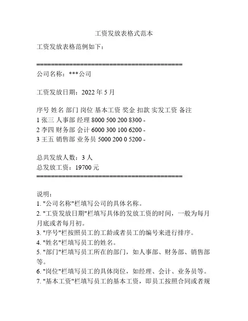 工资发放表格式范本