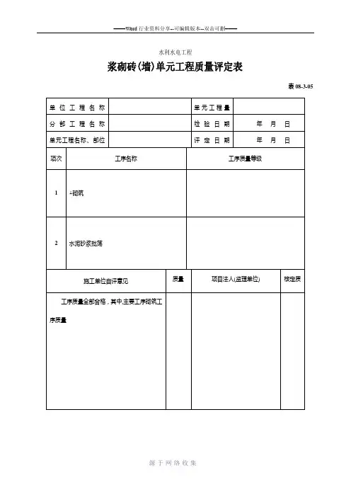 浆砌砖(墙)单元工程质量评定表