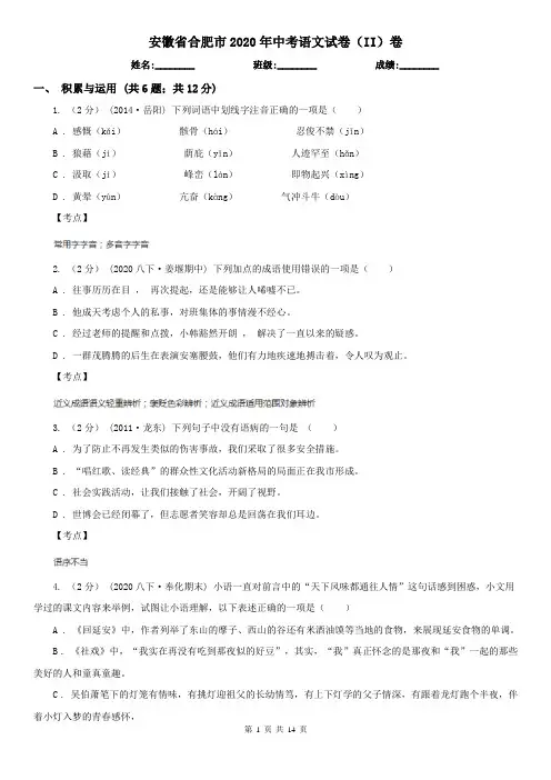 安徽省合肥市2020年中考语文试卷(II)卷