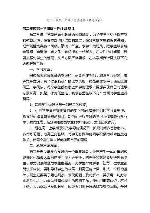 高二年级第一学期班主任计划（精选5篇）