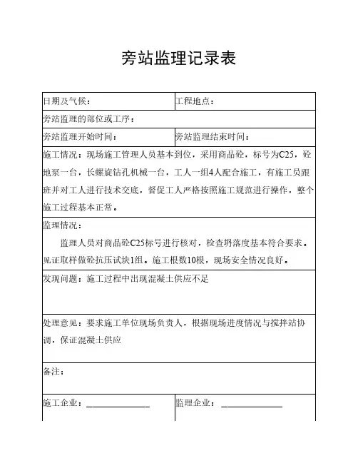 CFG桩基施工监理旁站记录表(范本)