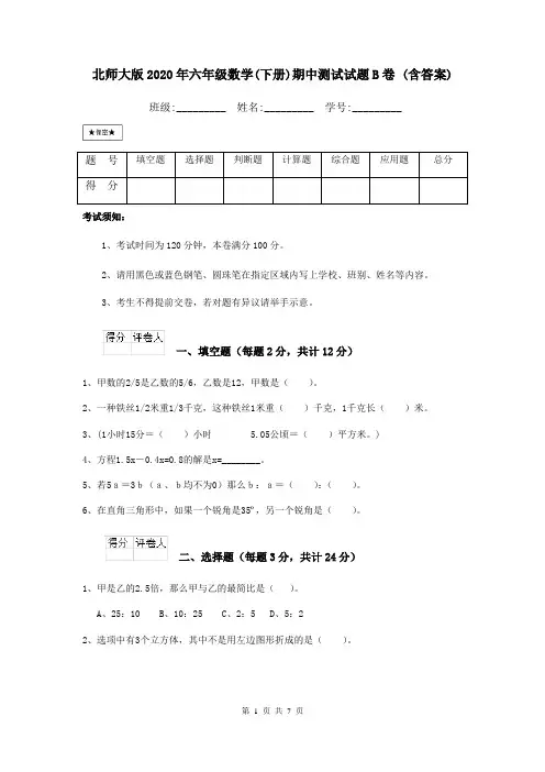 北师大版2020年六年级数学(下册)期中测试试题B卷 (含答案)