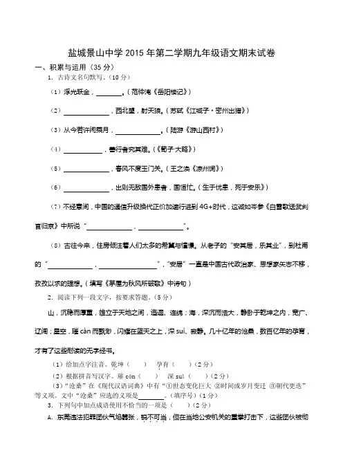 盐城景山中学2015年第二学期九年级语文期末试卷(1)