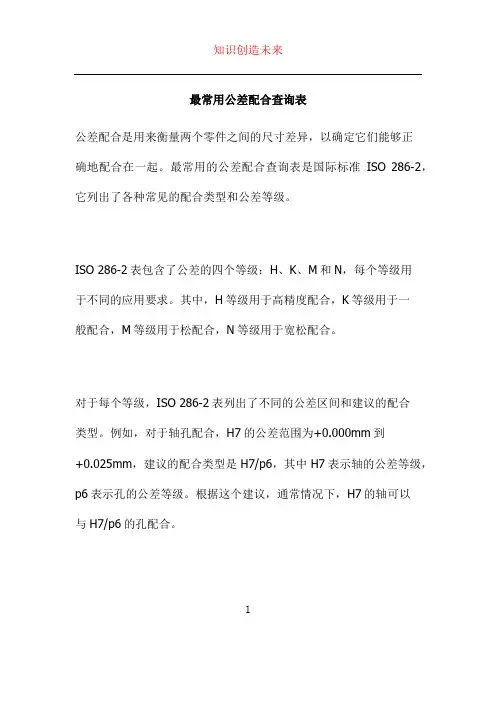 最常用公差配合查询表