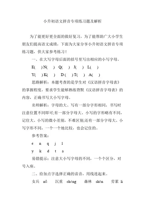 小升初语文拼音专项练习题及解析