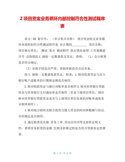 2项目资金业务循环内部控制符合性测试程序表