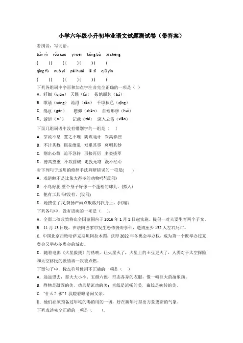 小学六年级小升初毕业语文试题测试卷(带答案)