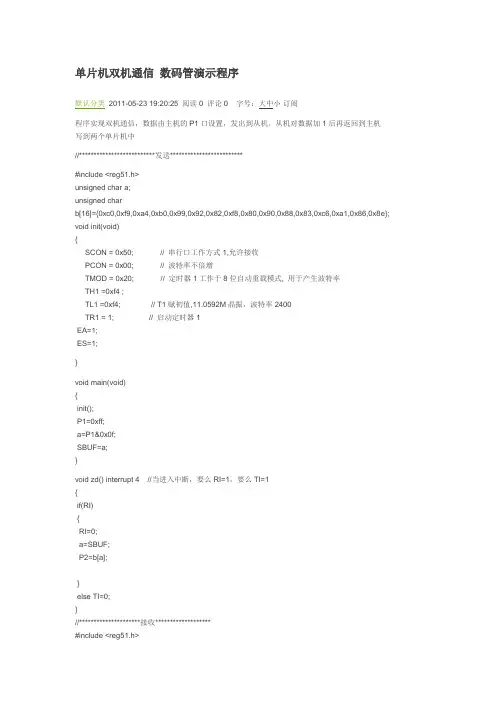 单片机双机通信 数码管演示程序 proteus 仿真