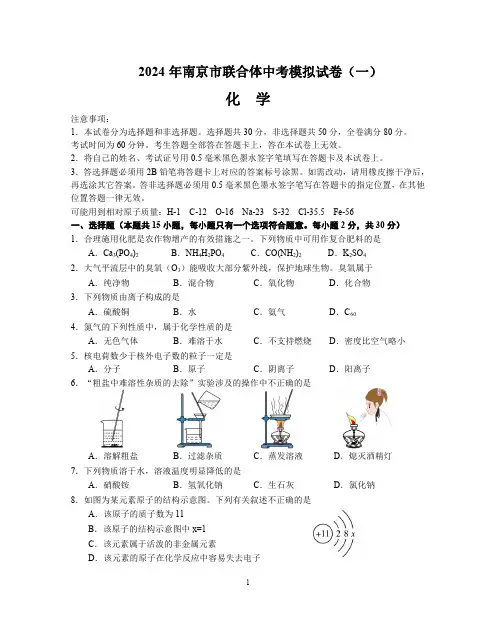 2024年南京市联合体中考一模化学试卷及答案