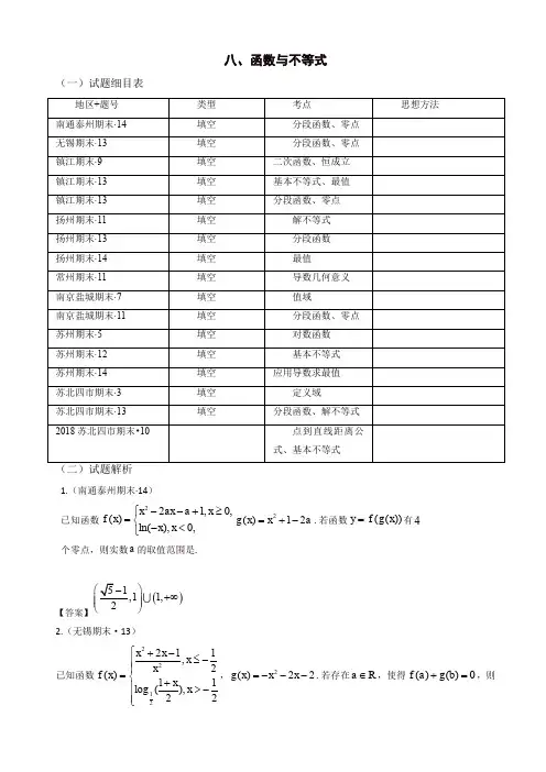 江苏省高三上册期末数学试题分类：函数与不等式、导数综合