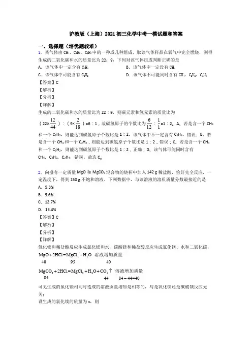 沪教版(上海)2021初三化学中考一模试题和答案