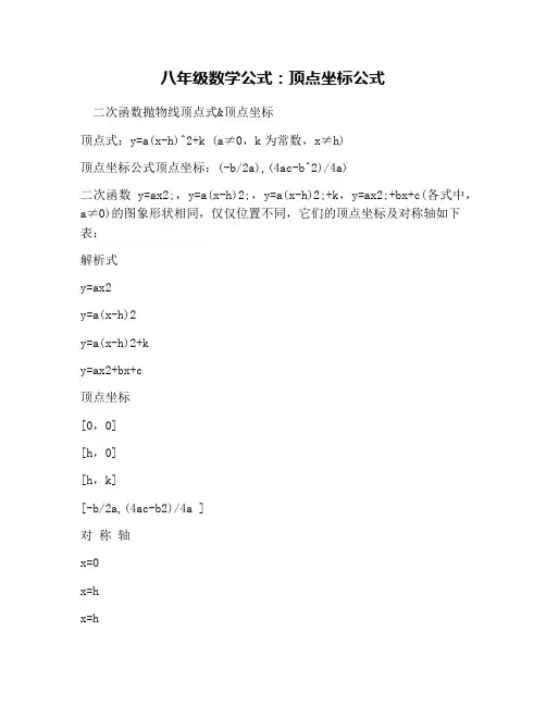 八年级数学公式：顶点坐标公式
