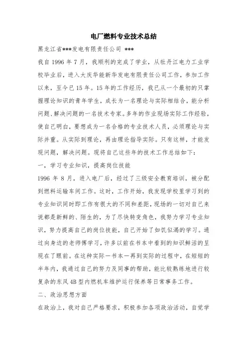 优秀工作总结范文：电厂燃料专业技术总结