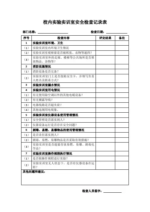 校内实验实训室安全检查登记表