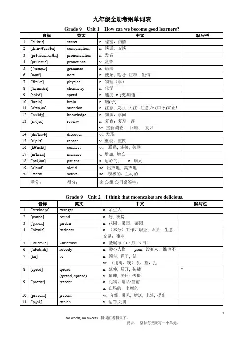 九年级全册考纲单词表