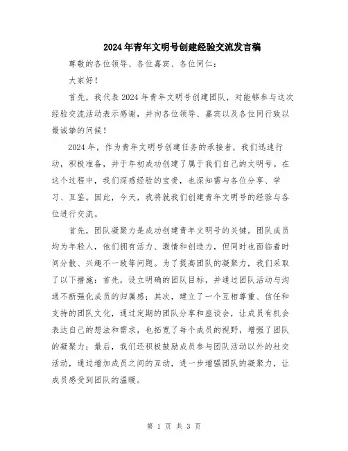 2024年青年文明号创建经验交流发言稿