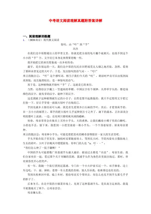 精选中考语文阅读真题阅读试题及答案共20篇汇总