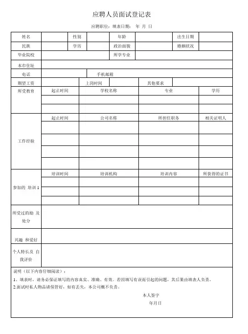 应聘人员面试登记表(应聘者填写)