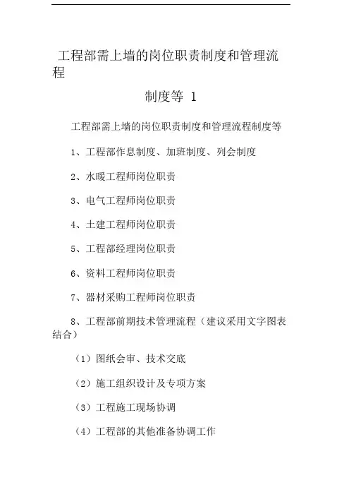 工程部需上墙的岗位职责制度和管理流程制度等