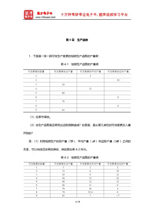 高鸿业《西方经济学(微观部分)》(第6版)课后习题详解(生产函数)【圣才出品】