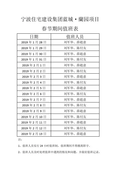 工地春节值班表