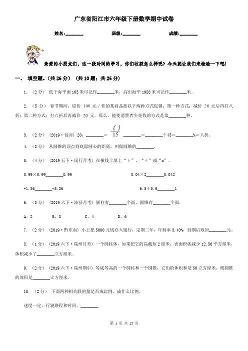 广东省阳江市六年级下册数学期中试卷