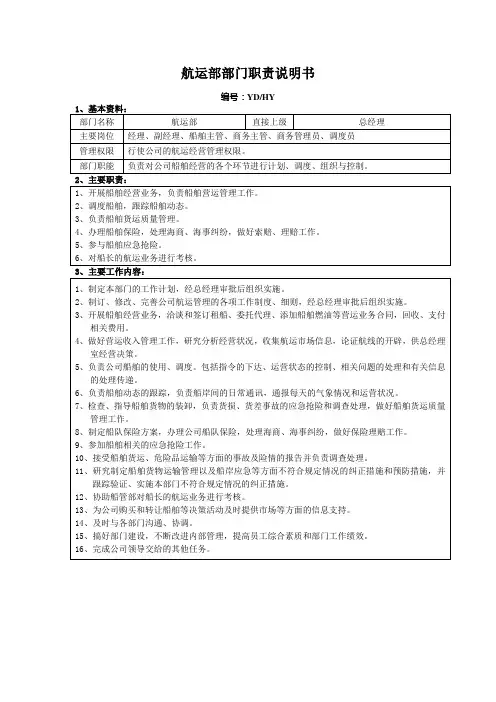 航运部部门职责说明书