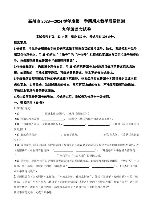 广东省茂名市高州市2023-2024学年九年级上学期期末考试语文试卷(含答案)