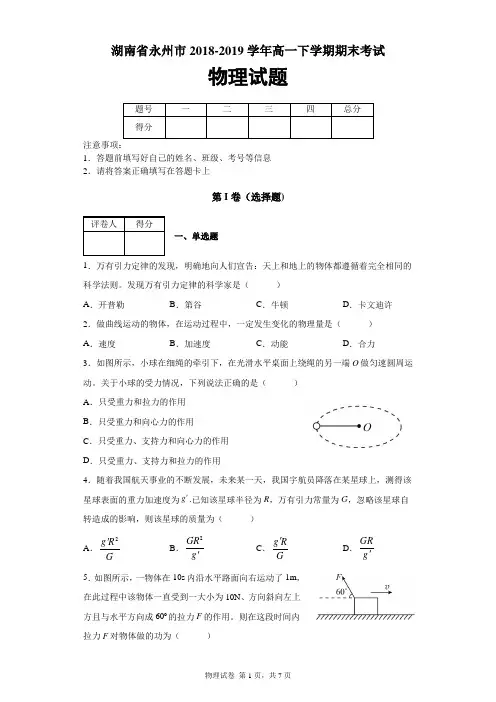 湖南省永州市2018-2019学年高一下学期期末考试物理试题及答案解析