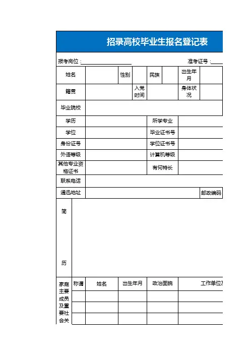 招录高校毕业生报名登记表Excel表格