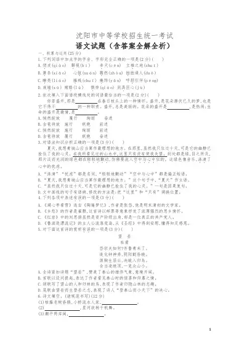 辽宁沈阳语文中考试卷(试卷+答案)