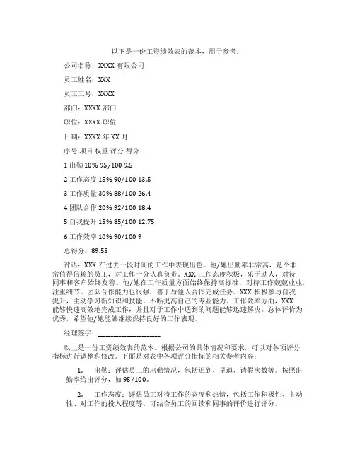 工资绩效表(范本)