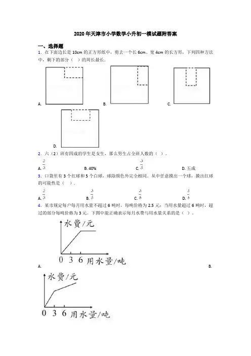 2020年天津市小学数学小升初一模试题附答案