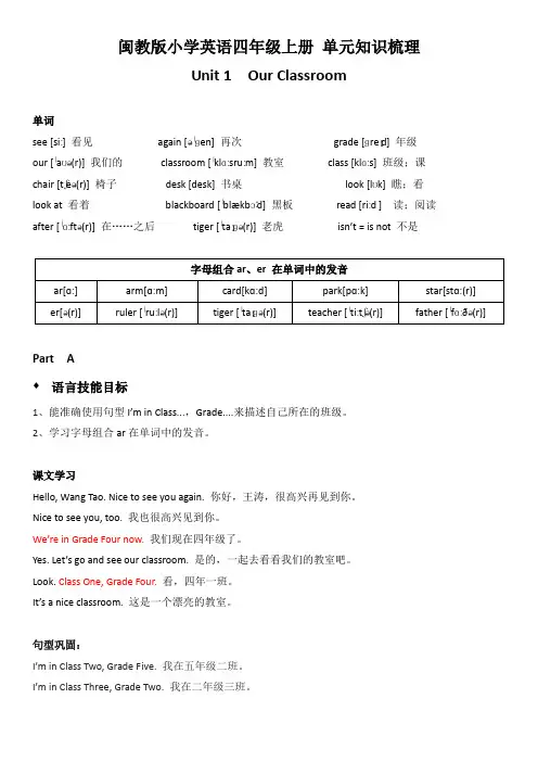 闽教版小学英语四年级上册Unit 1 单元知识梳理