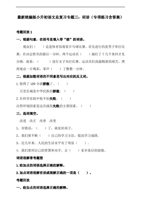 最新统编版小升初语文总复习专题三：词语(专项练习含答案)