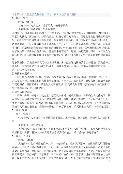 《水浒传》十位主要人物性格、绰号、简介及主要情节概括