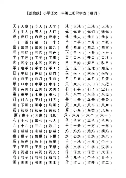 (完整word版)【部编版】小学语文一年级上册识字表(组词)