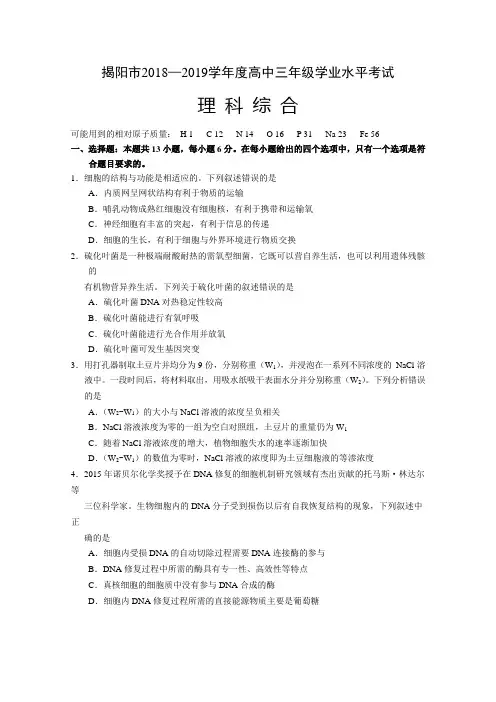 广东省揭阳市2019届高三上学期期末学业水平调研理综试题Word版含答案