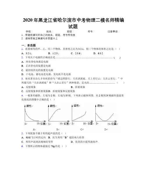 2020年黑龙江省哈尔滨市中考物理二模名师精编试题附解析