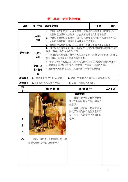 九年级化学上册 第一单元 走进化学世界复习教案 (新版)新人教版
