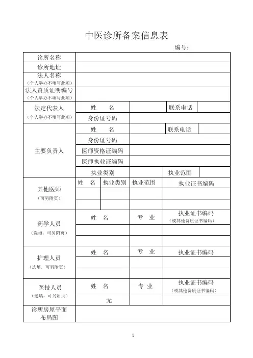 全国通用中医诊所备案申请表