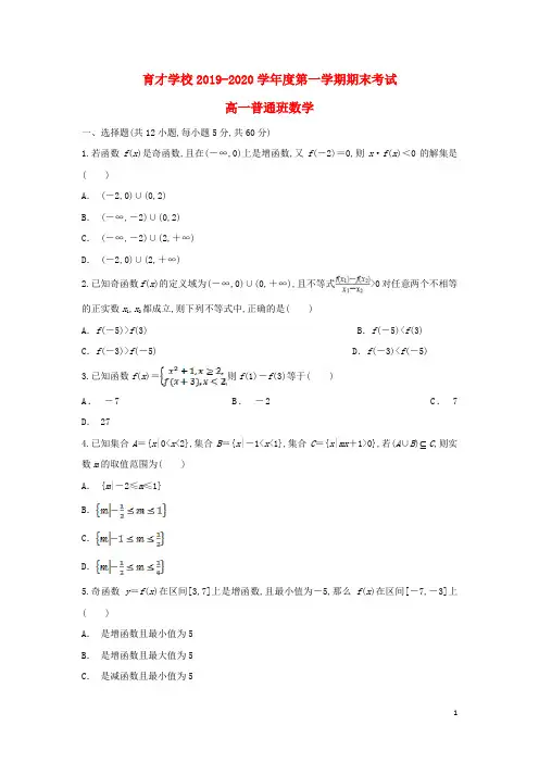 安徽省滁州市定远县育才学校2019_2020学年高一数学上学期期末考试试题(普通班)