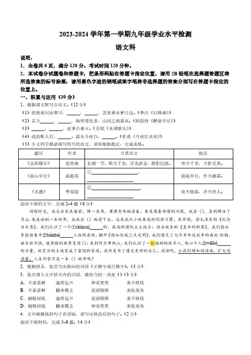 广东省肇庆市四会市2023-2024学年九年级上学期期末语文试题(含答案)