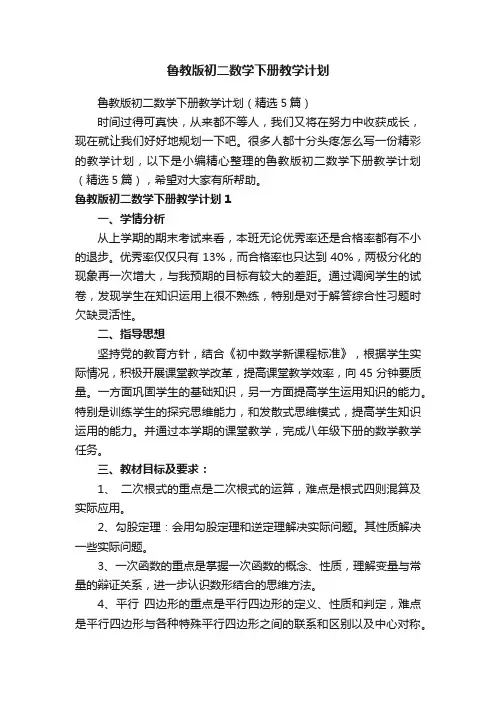 鲁教版初二数学下册教学计划（精选5篇）