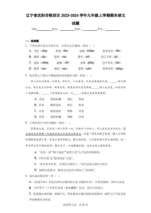辽宁省沈阳市铁西区2023-2024学年九年级上学期期末语文试题