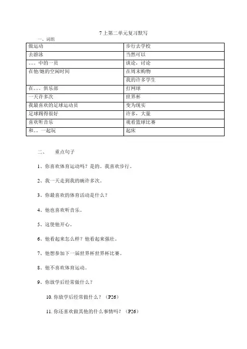 新译林版英语七年级上册第二单元重要词组和句型默写