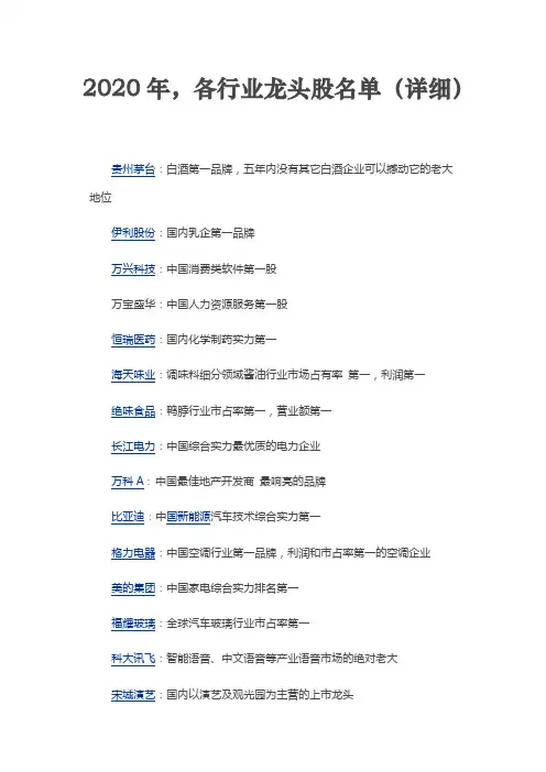 2020年,各行业龙头股名单(详细)