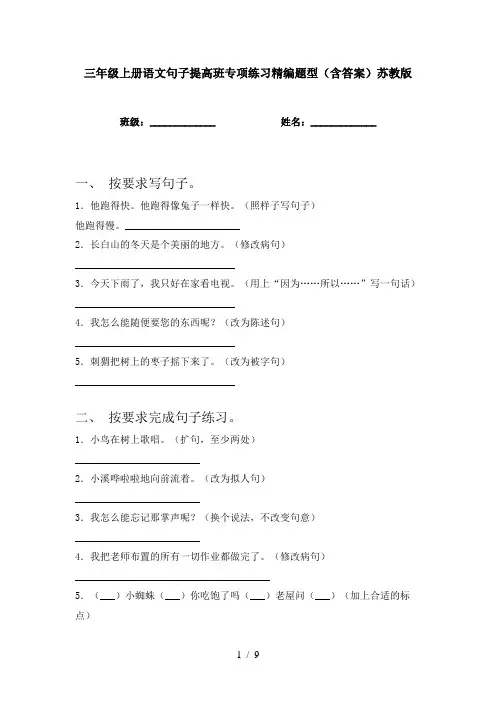 三年级上册语文句子提高班专项练习精编题型(含答案)苏教版