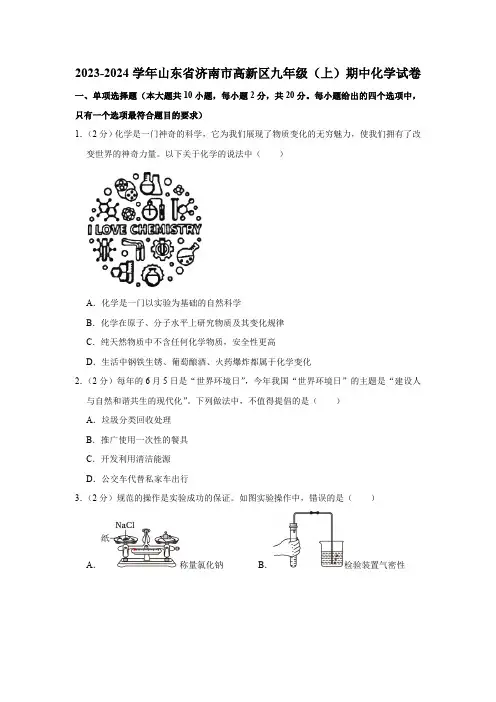 2023-2024学年山东省济南市高新区九年级(上)期中化学试卷(含解析)