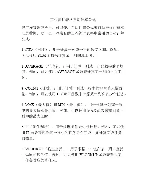工程管理表格自动计算公式